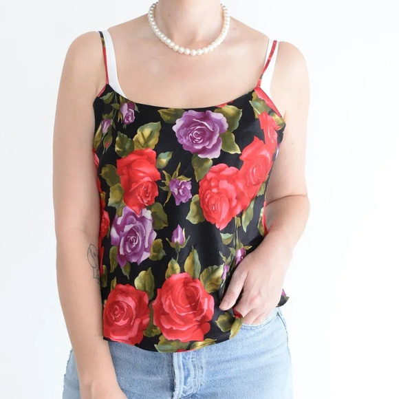 Vintage 90'S Victoria's Secret Black  & Red Floral 100% Silk Cami Tank Top S - Picture 3 of 12